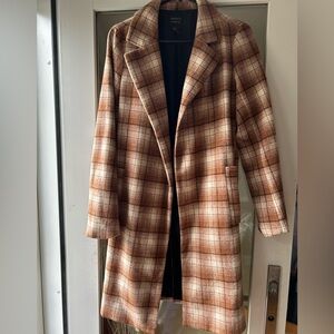 Forever 21 Brown and White Trench Coat Classic Plaid Design